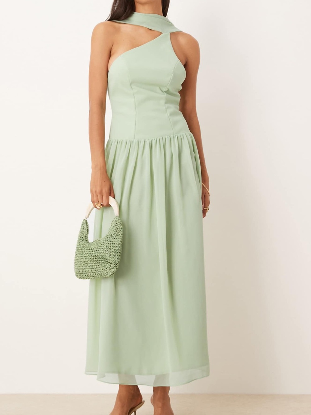 ASOS Scarf Tie Back Dropped Waist Midi Dress in Sage Green